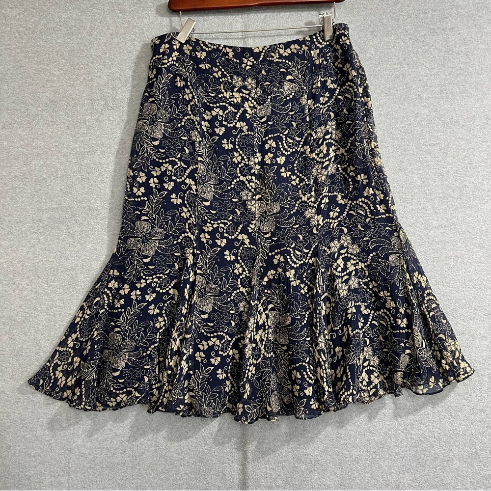 Whimsy VTG Ralph Lauren Boho Country Floral Silk Blue Ruffled Midi Skirt Sz 8